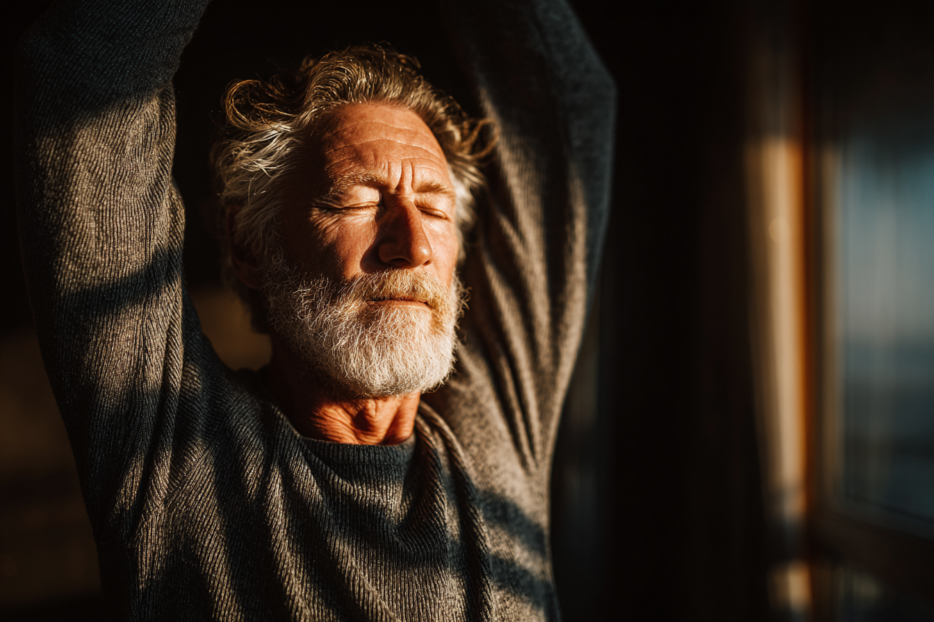 Группа людей старшего возраста занимается йогой в светлом зале